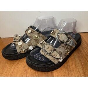 Jin Duo Sandals Womens Size 10 Brown Floral Buckle Slide Platform Shoes